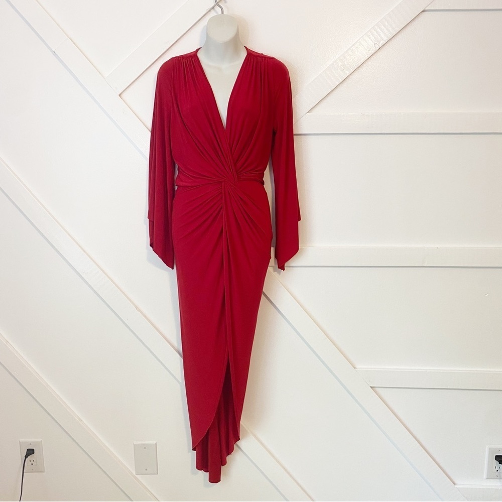 Misa Teget High Low Hem Ruched Twist Front Long Flare Sleeve V-Neck Dress Red S - Picture 3 of 11